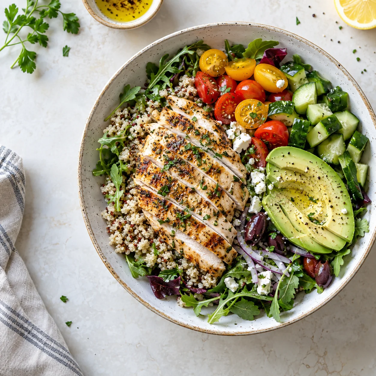 A colorful bowl with chicken, quinoa, avocado, and fresh vegetables