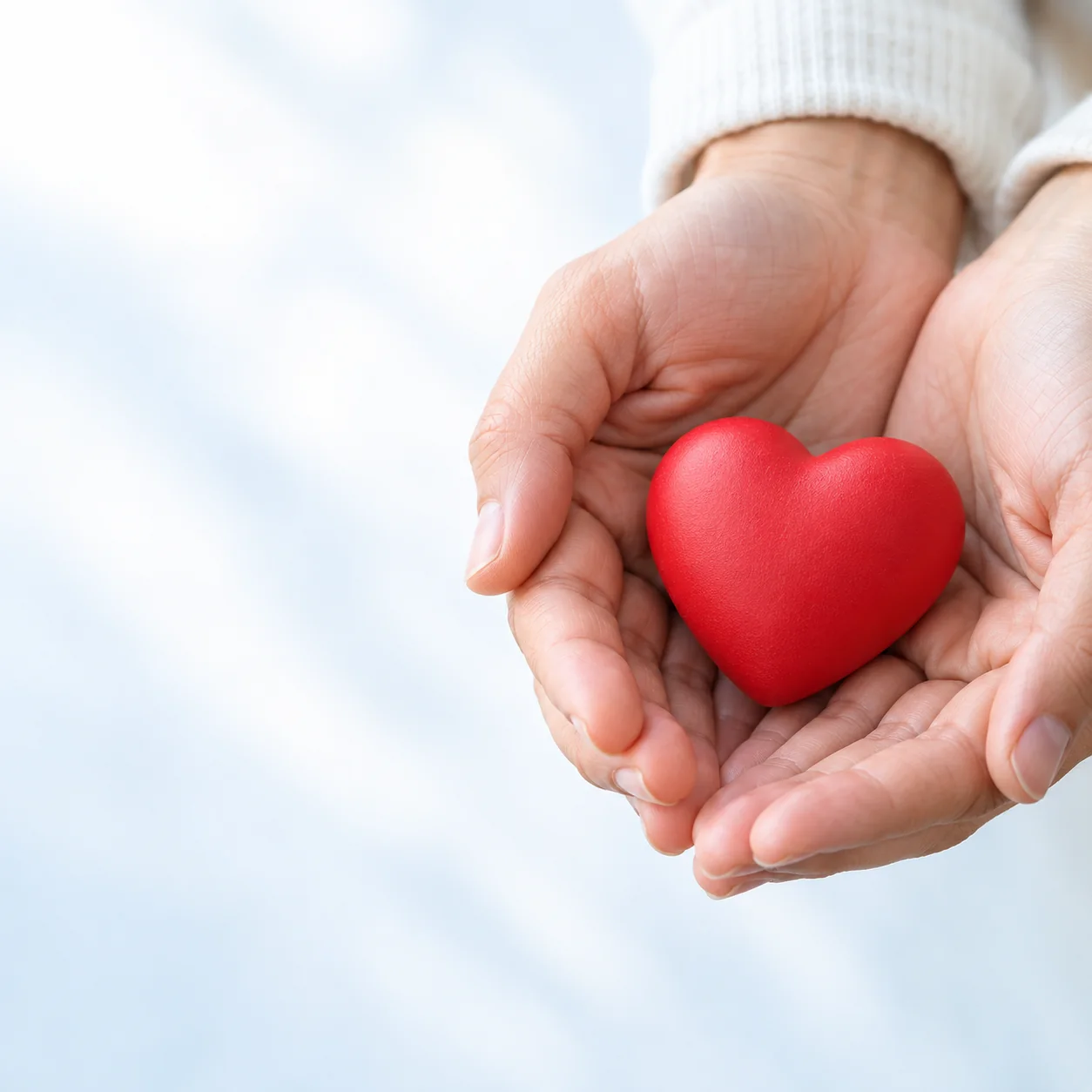 Hands gently holding a red heart