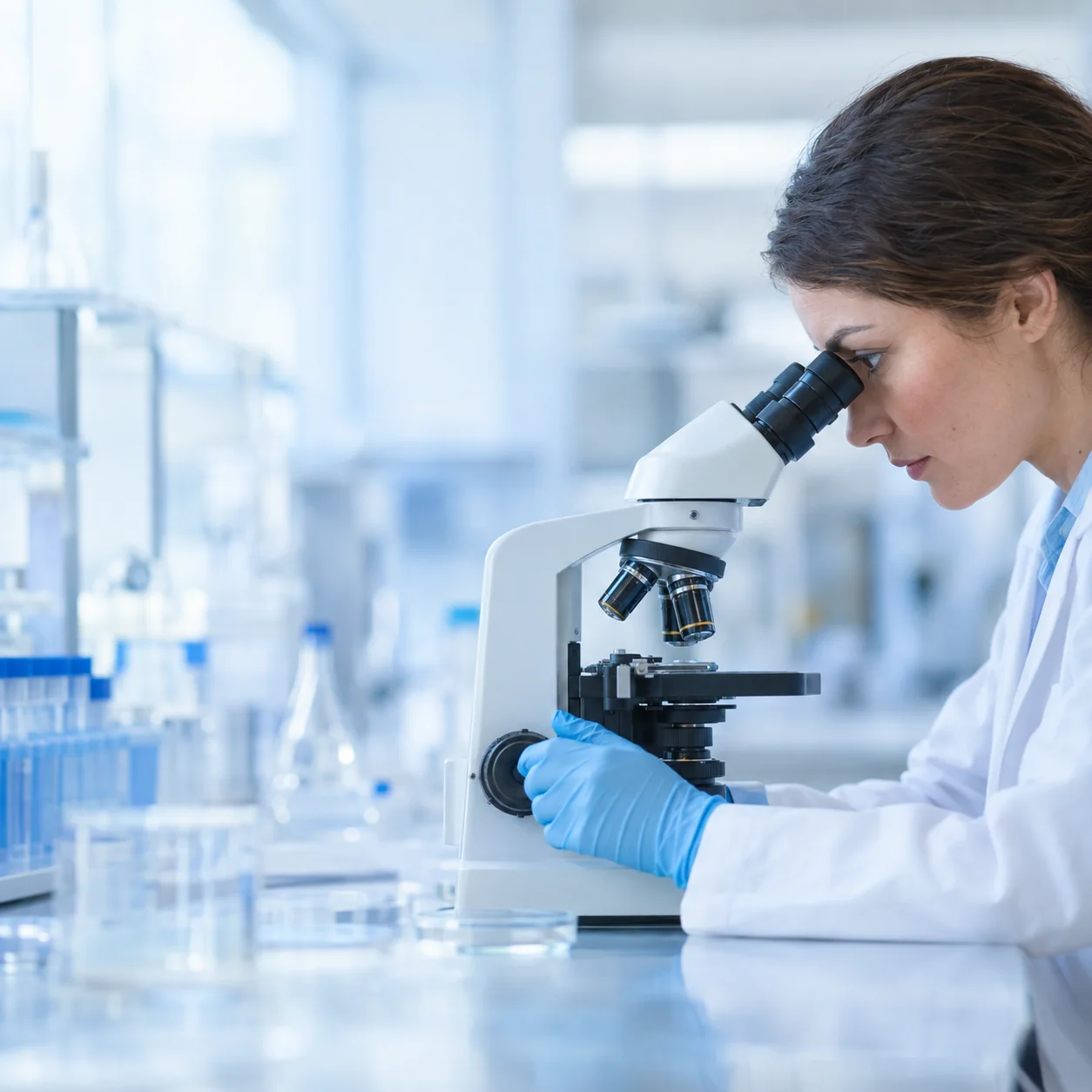 A medical researcher working with a microscope